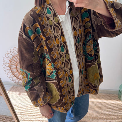 Kimono terciopelo bordados marrón