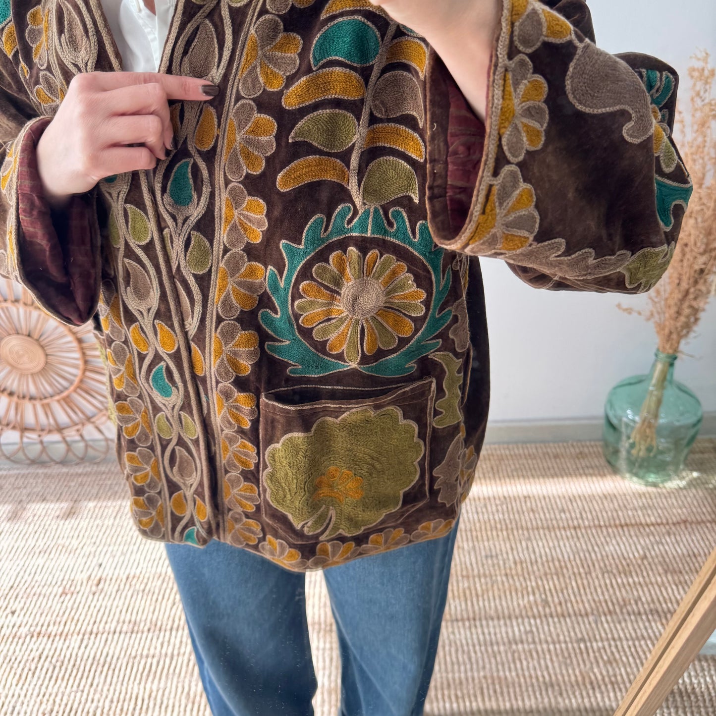 Kimono terciopelo bordados marrón