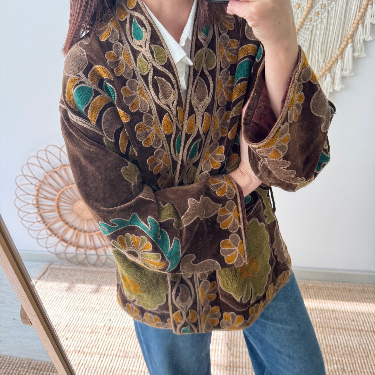 Kimono terciopelo bordados marrón