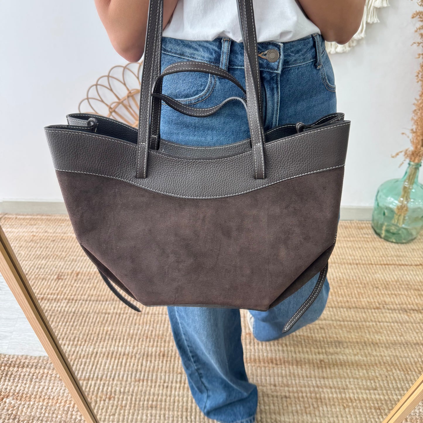 Bolso tote piel y serraje marrón