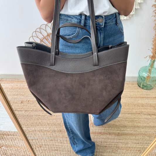 Bolso tote piel y serraje marrón