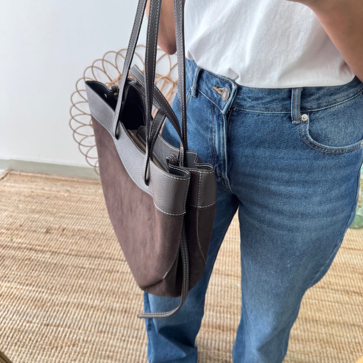 Bolso tote piel y serraje marrón