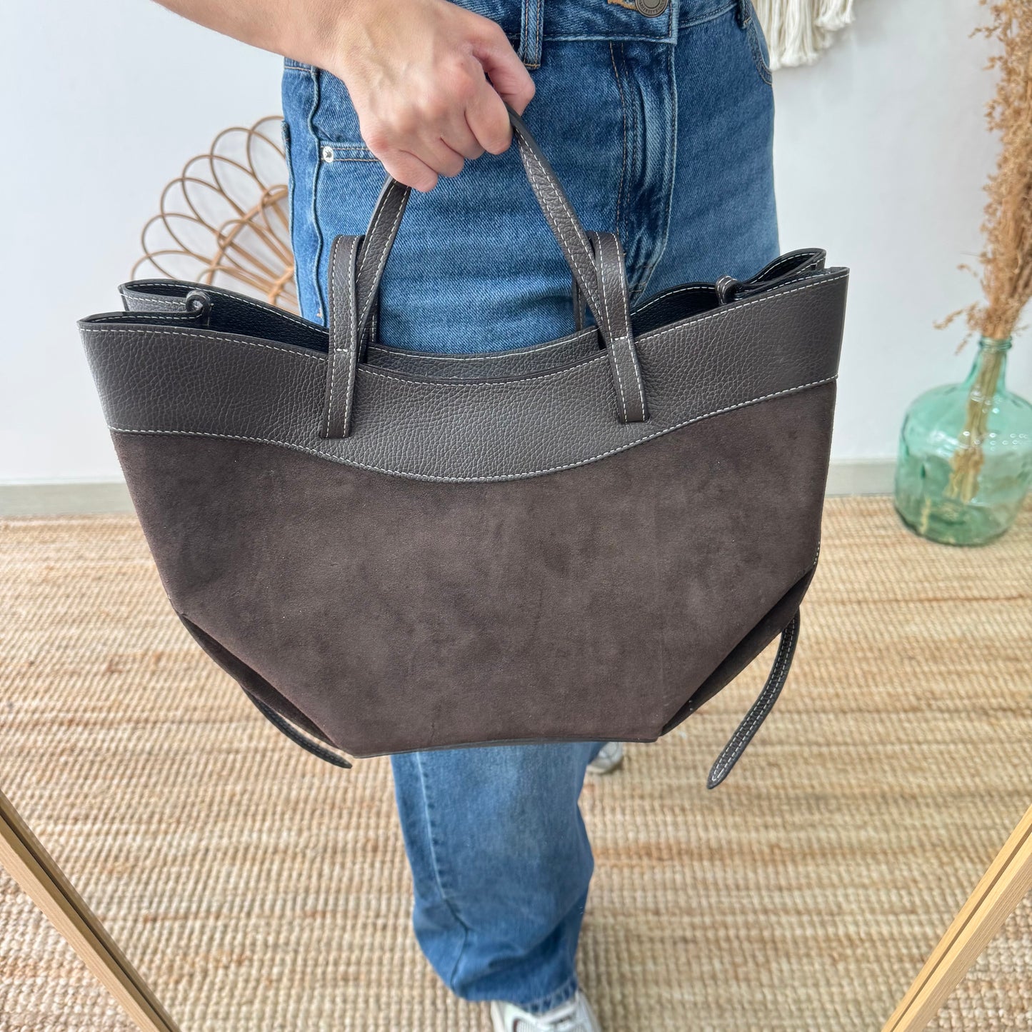 Bolso tote piel y serraje marrón