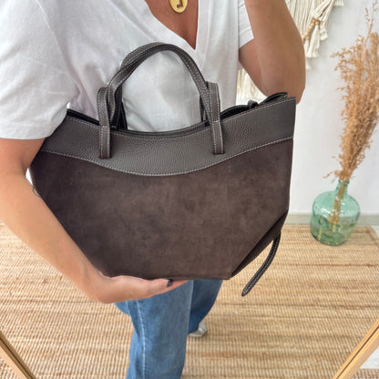 Bolso tote piel y serraje marrón