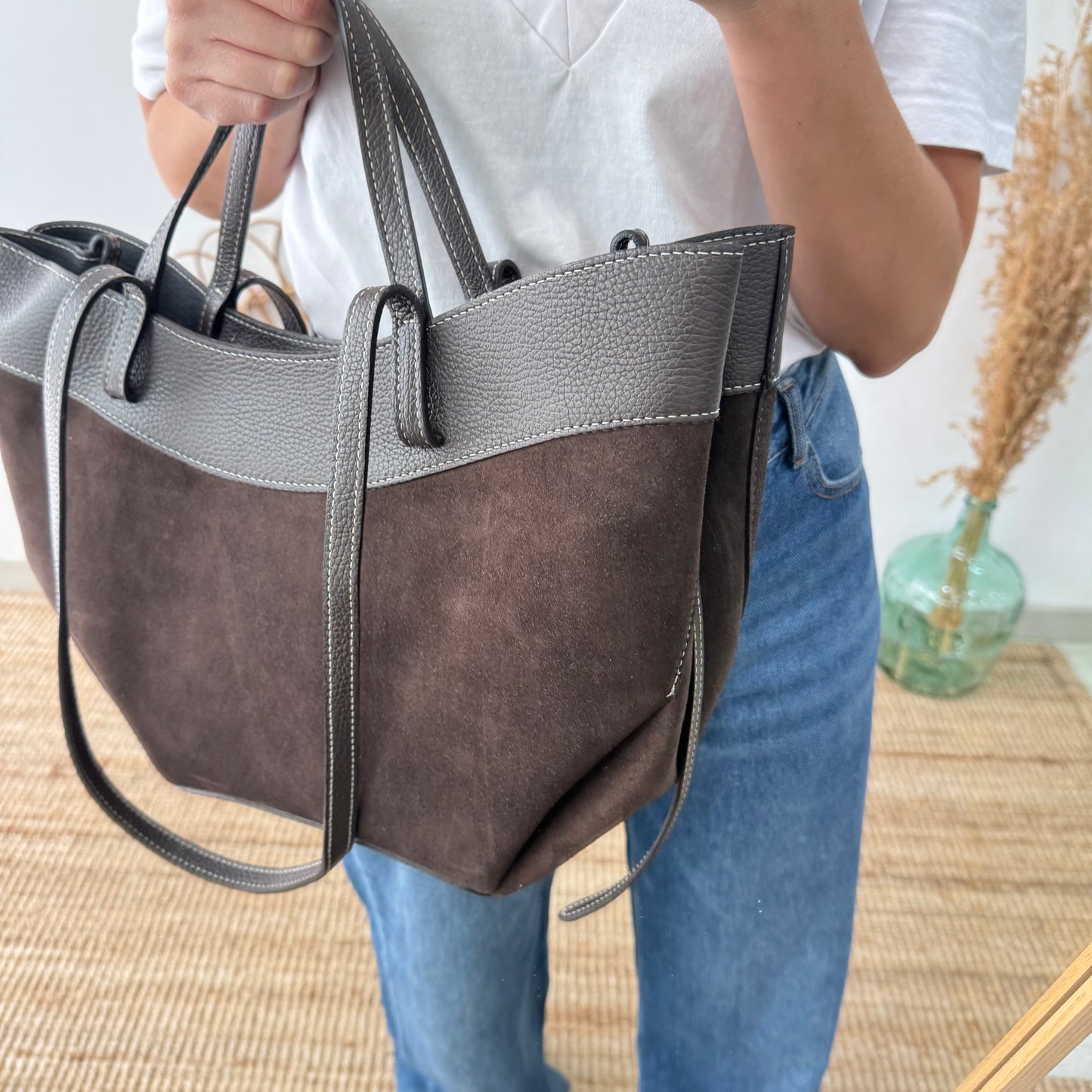 Bolso tote piel y serraje marrón