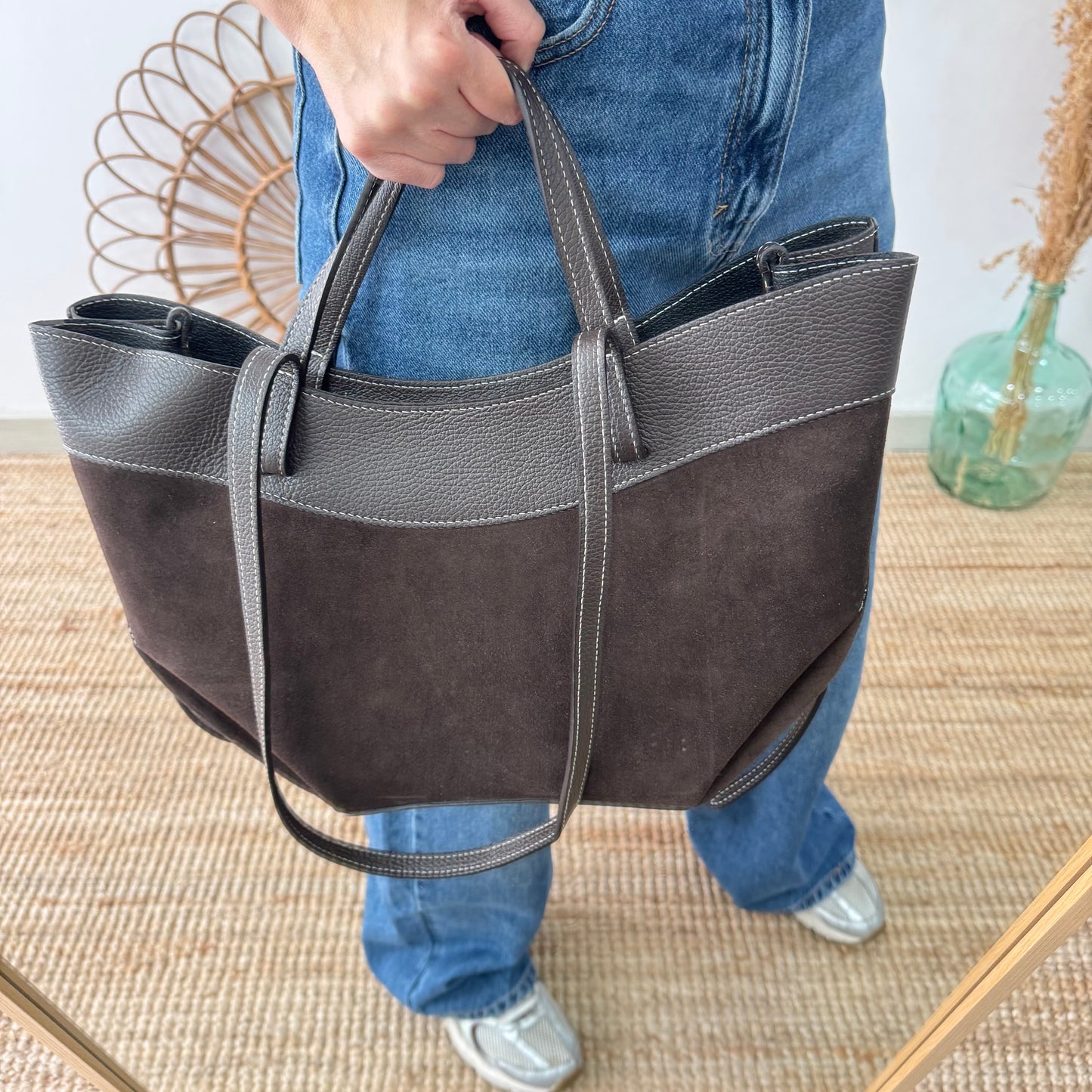 Bolso tote piel y serraje marrón