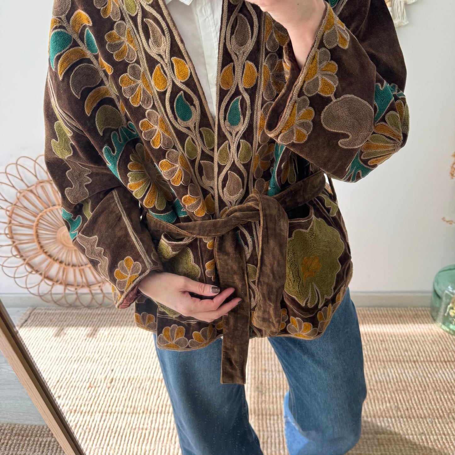 Kimono terciopelo bordados marrón