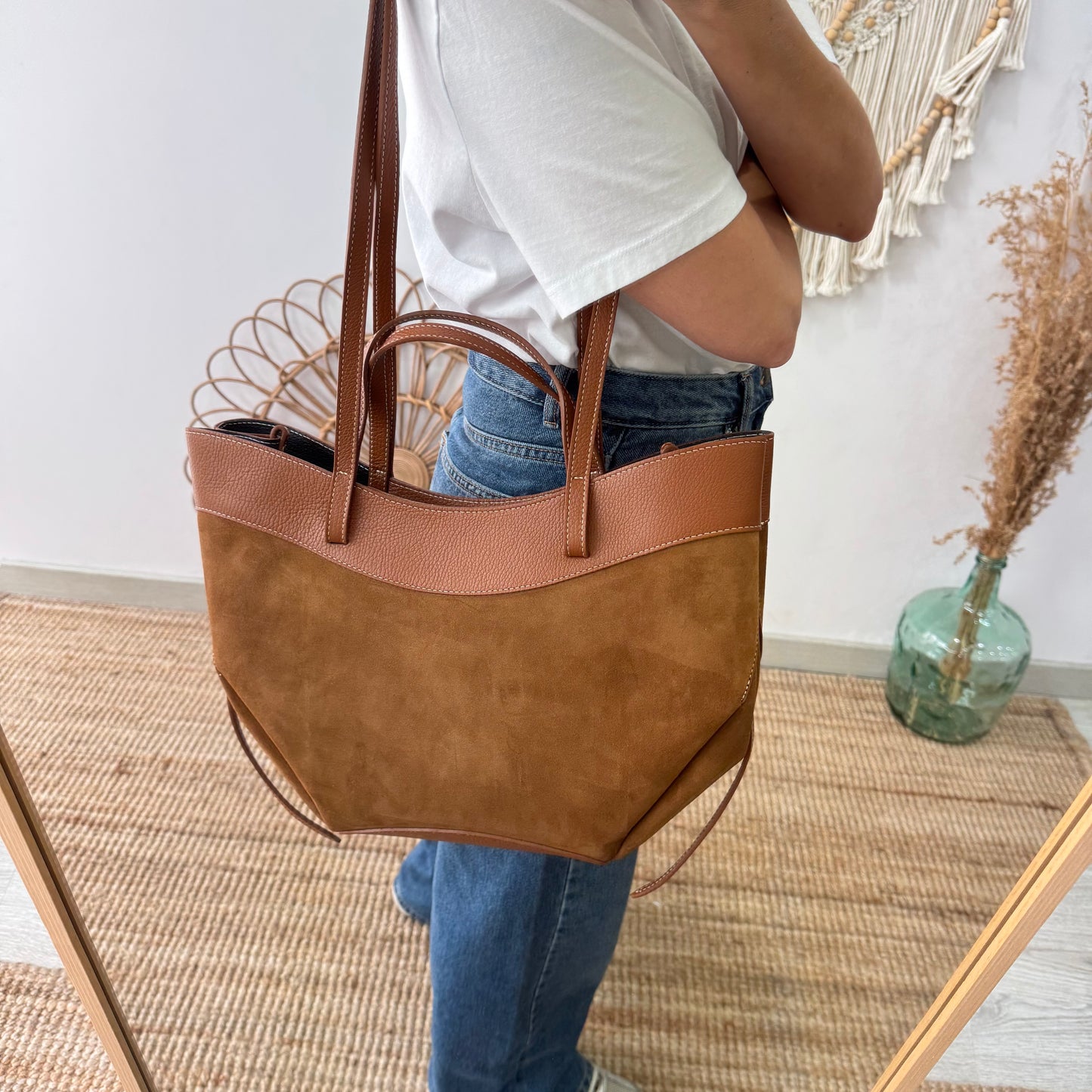 Bolso tote piel y serraje camel