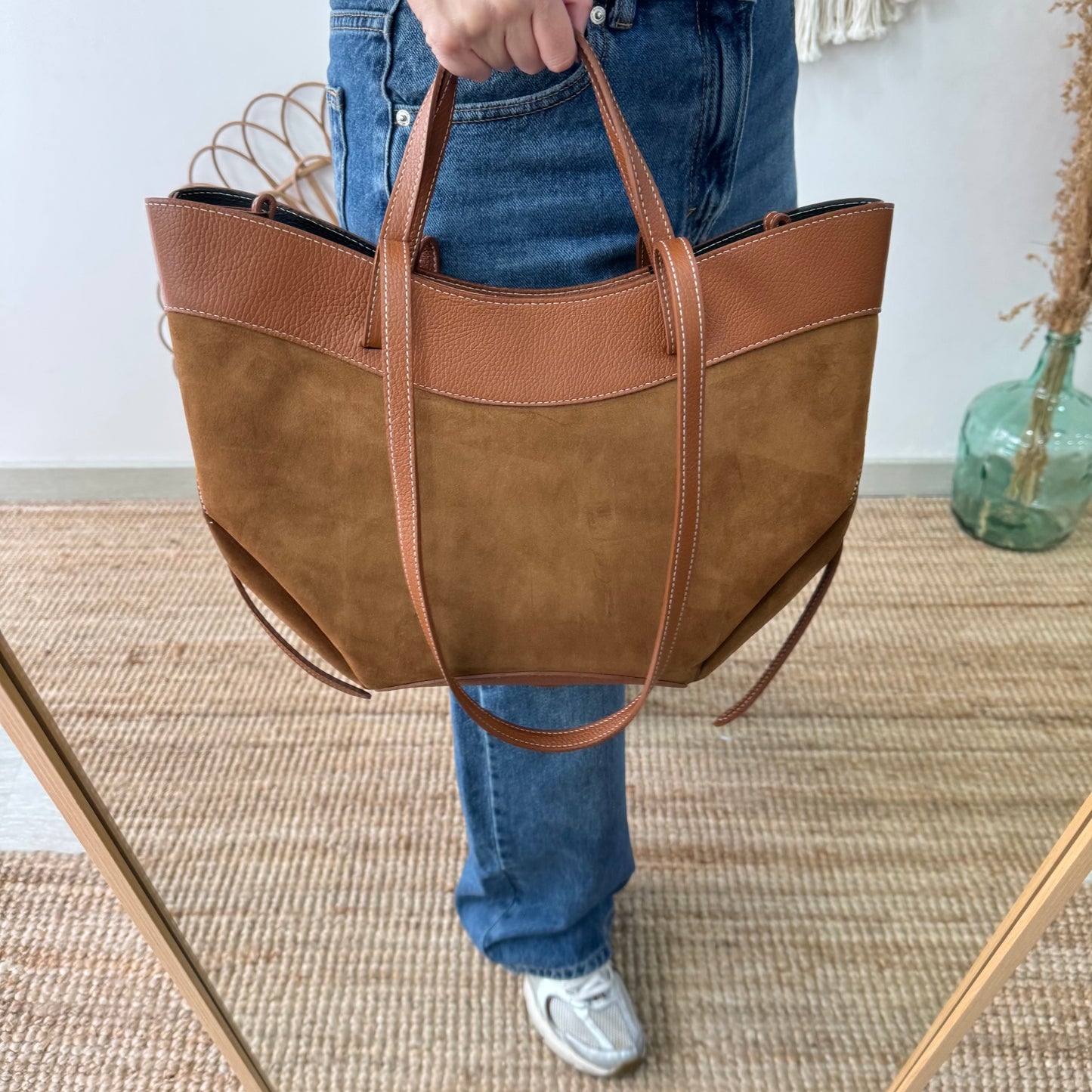 Bolso tote piel y serraje camel
