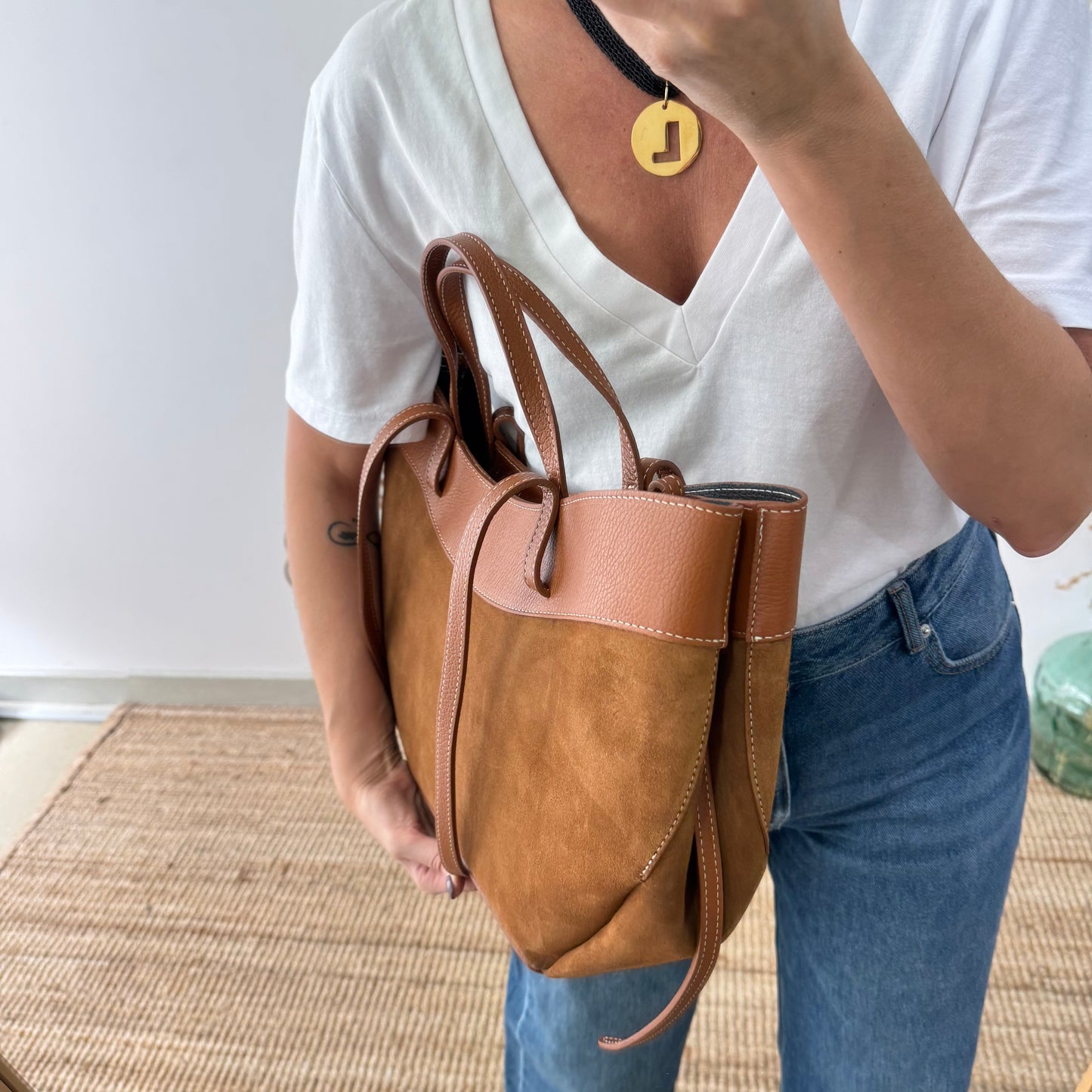 Bolso tote piel y serraje camel