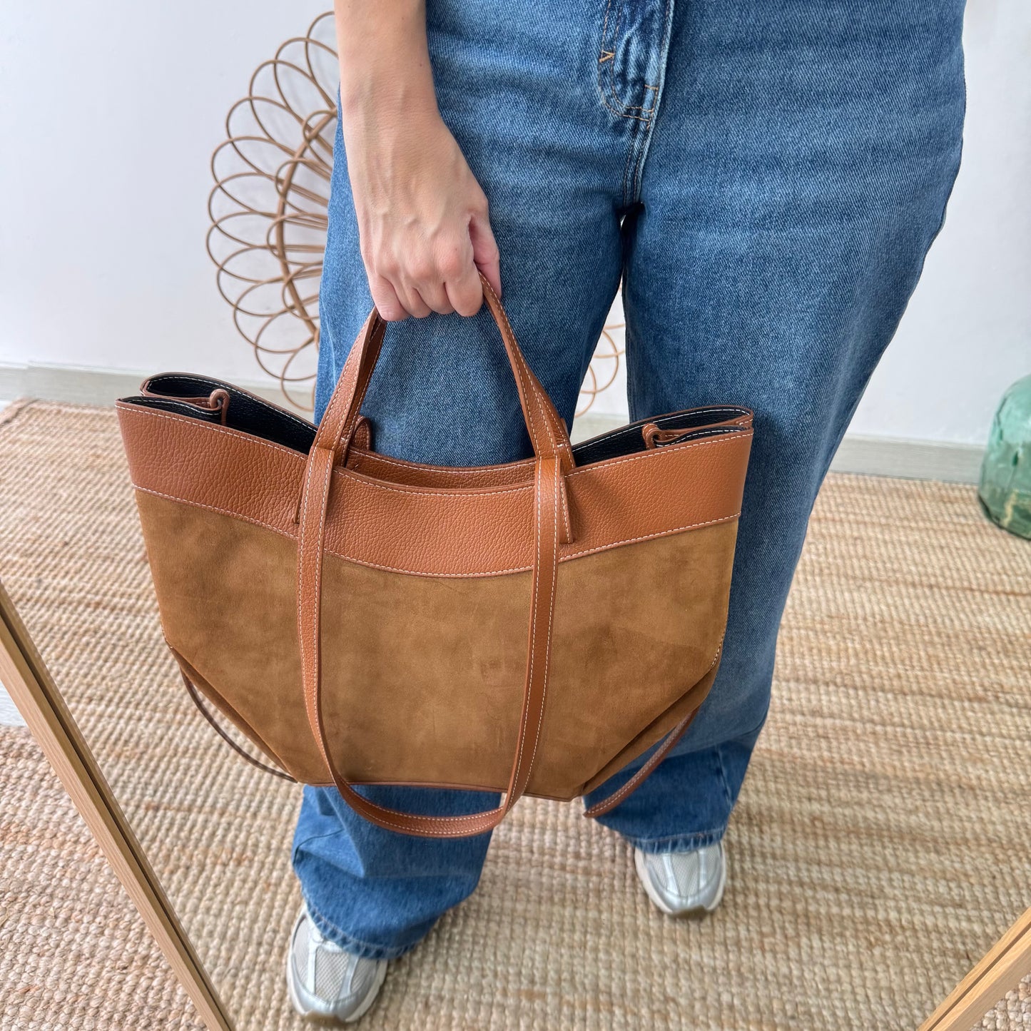 Bolso tote piel y serraje camel