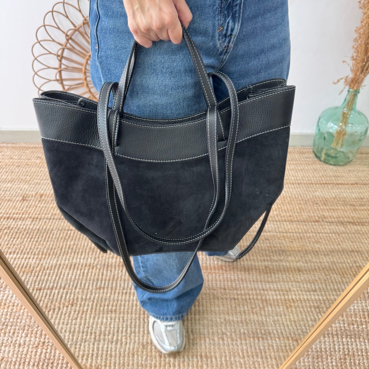 Bolso tote piel y serraje negro