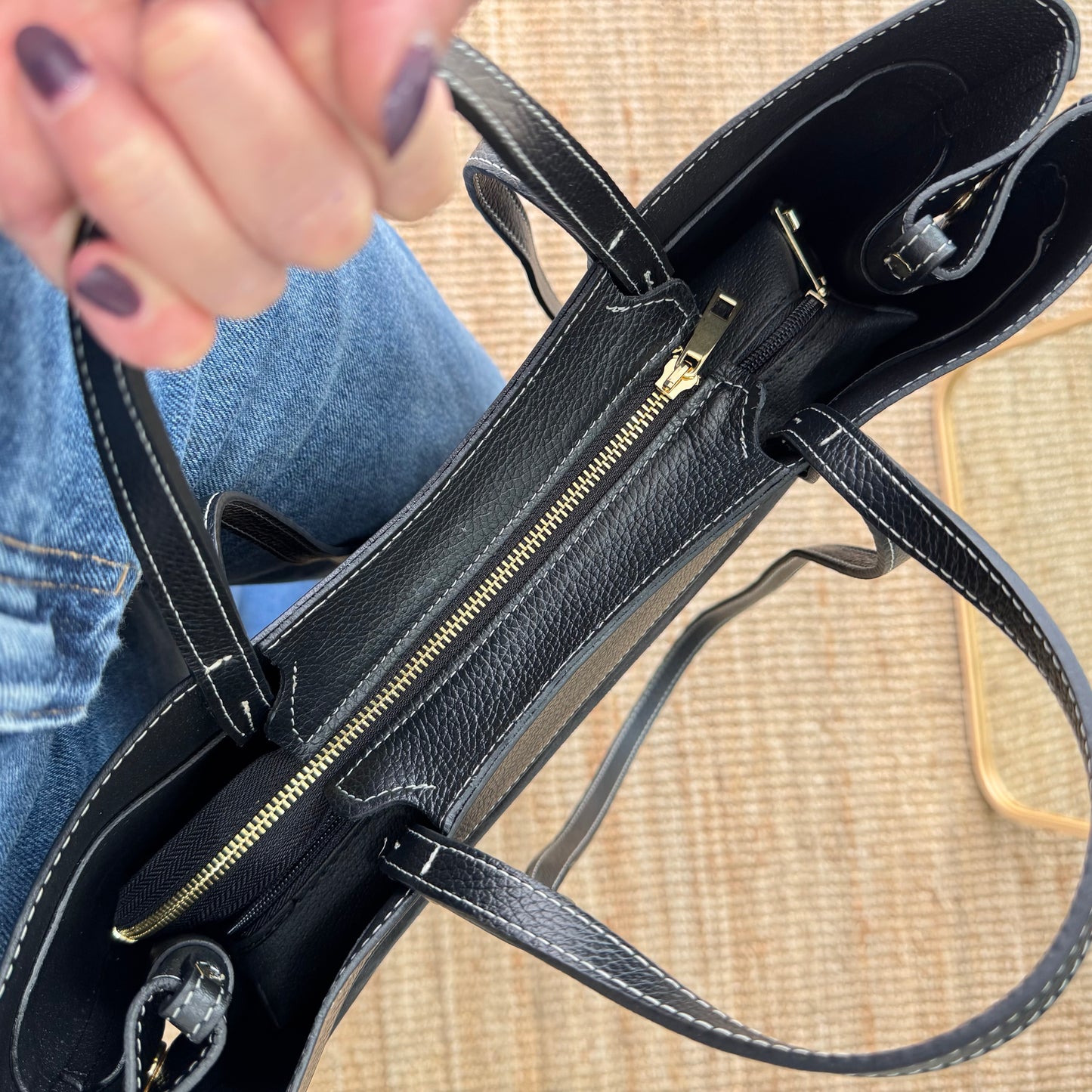 Bolso tote piel y serraje negro