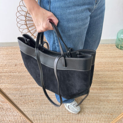 Bolso tote piel y serraje negro