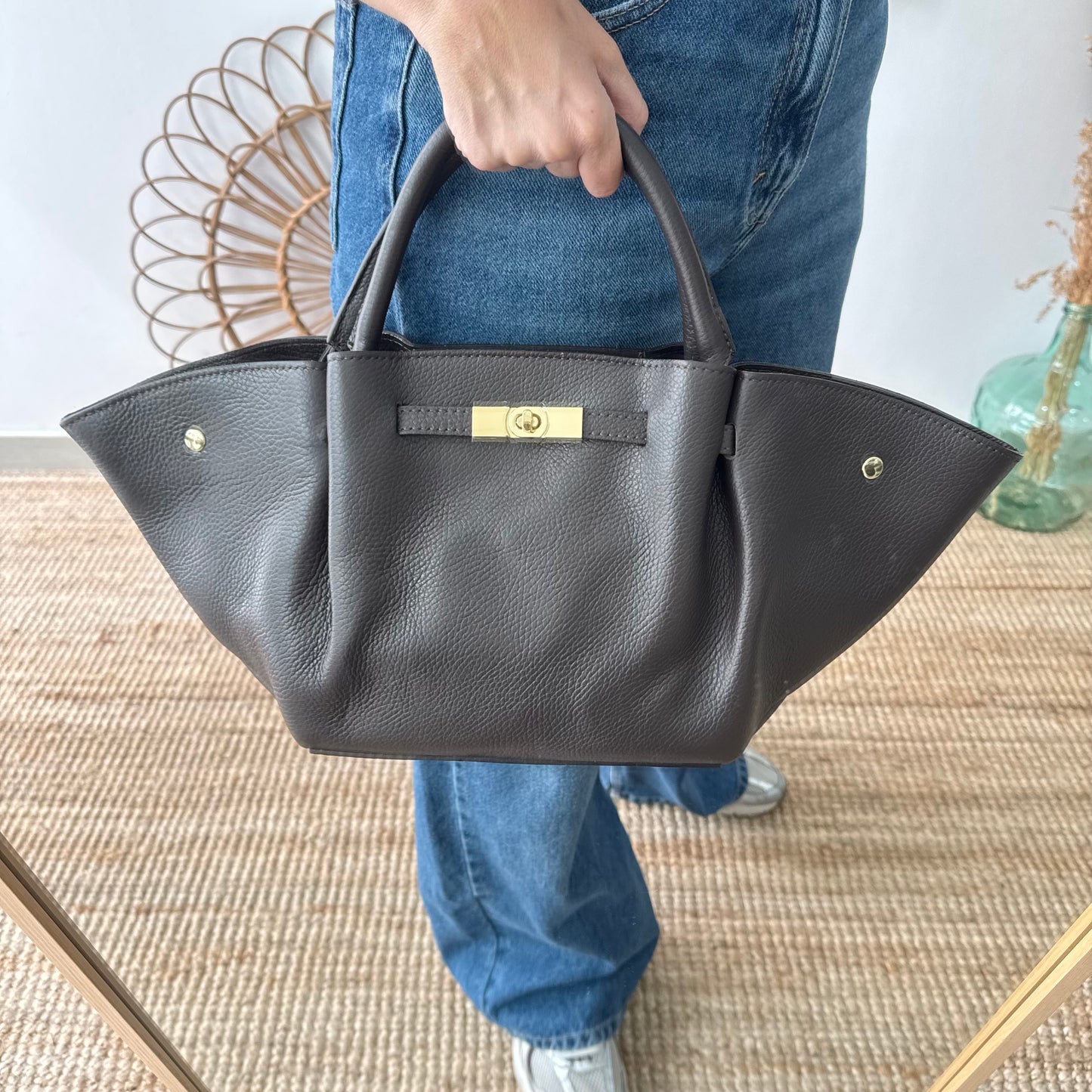 Bolso tote cierre piel marrón