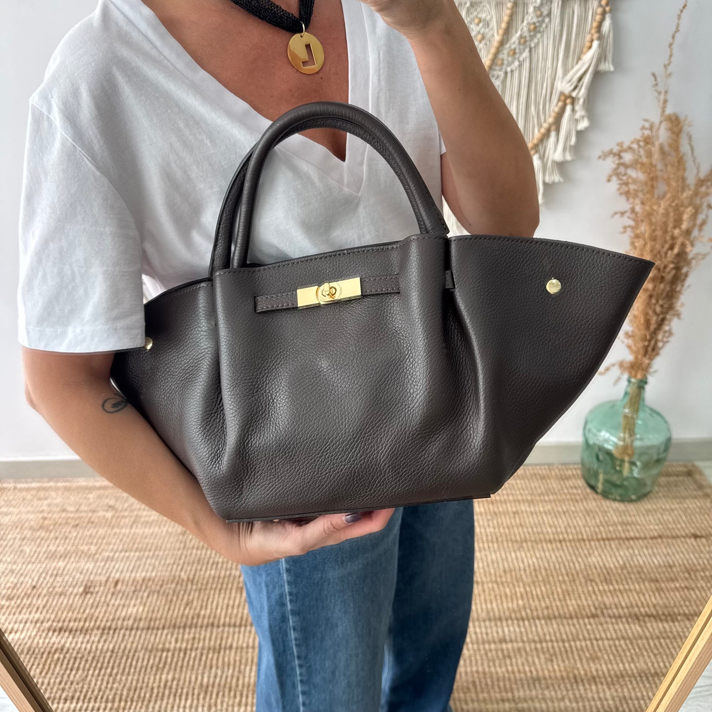 Bolso tote cierre piel marrón