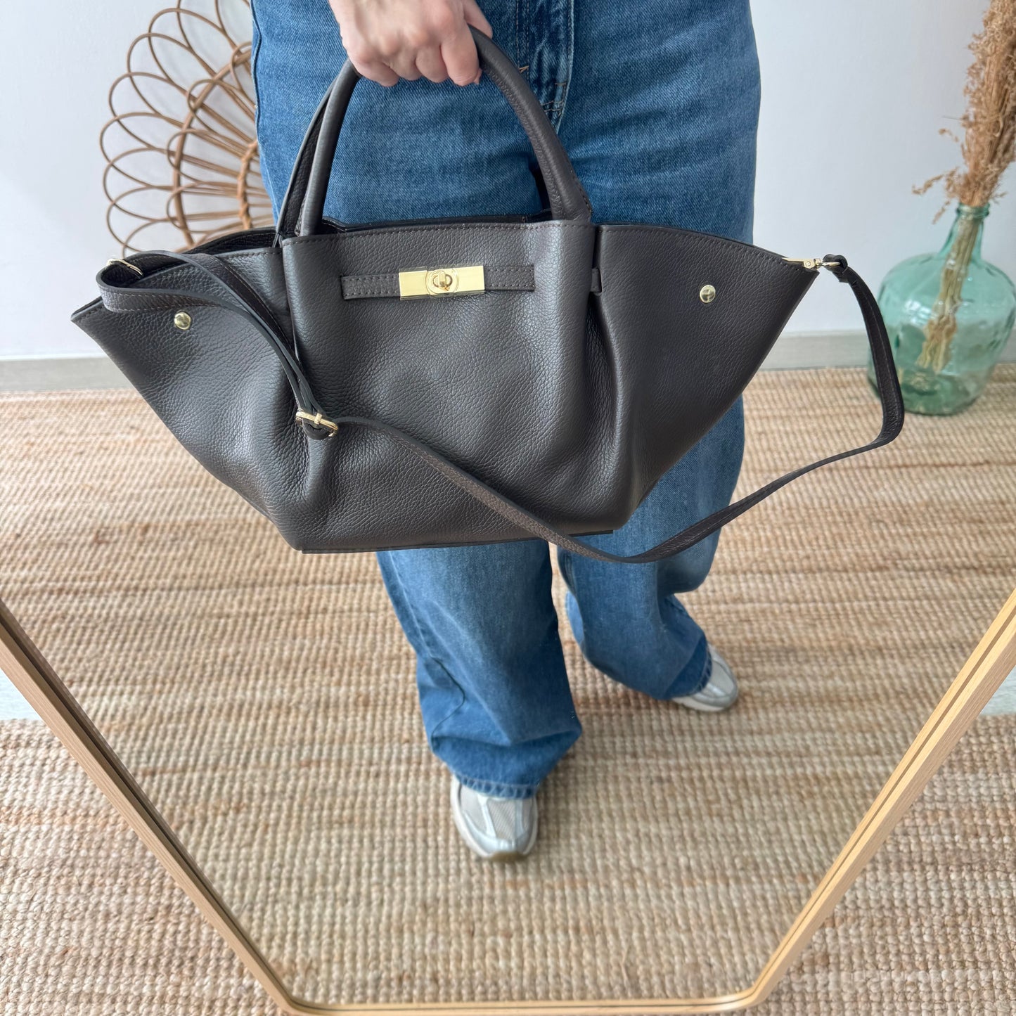 Bolso tote cierre piel marrón