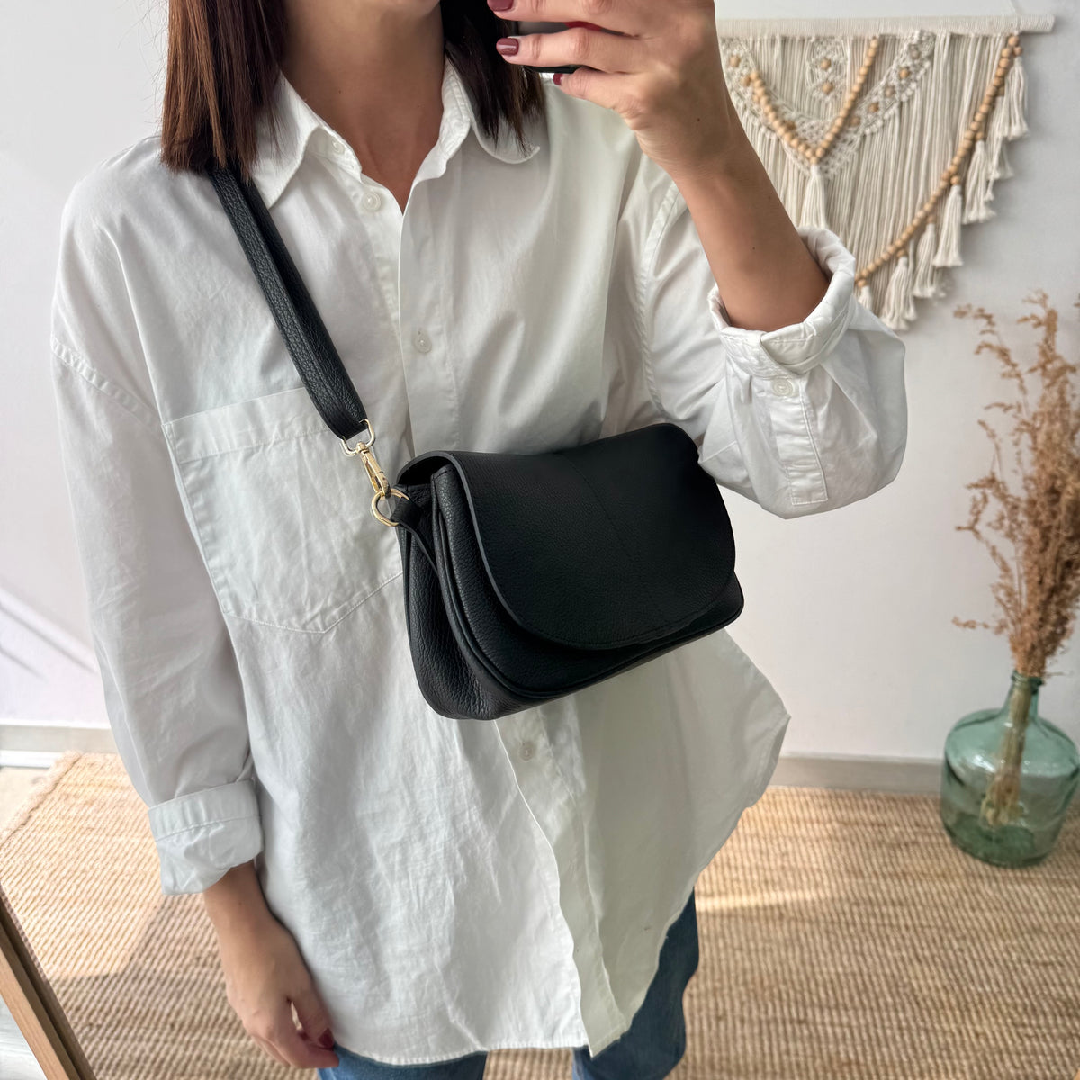 Bolso Bandolera de Piel con Solapa negro
