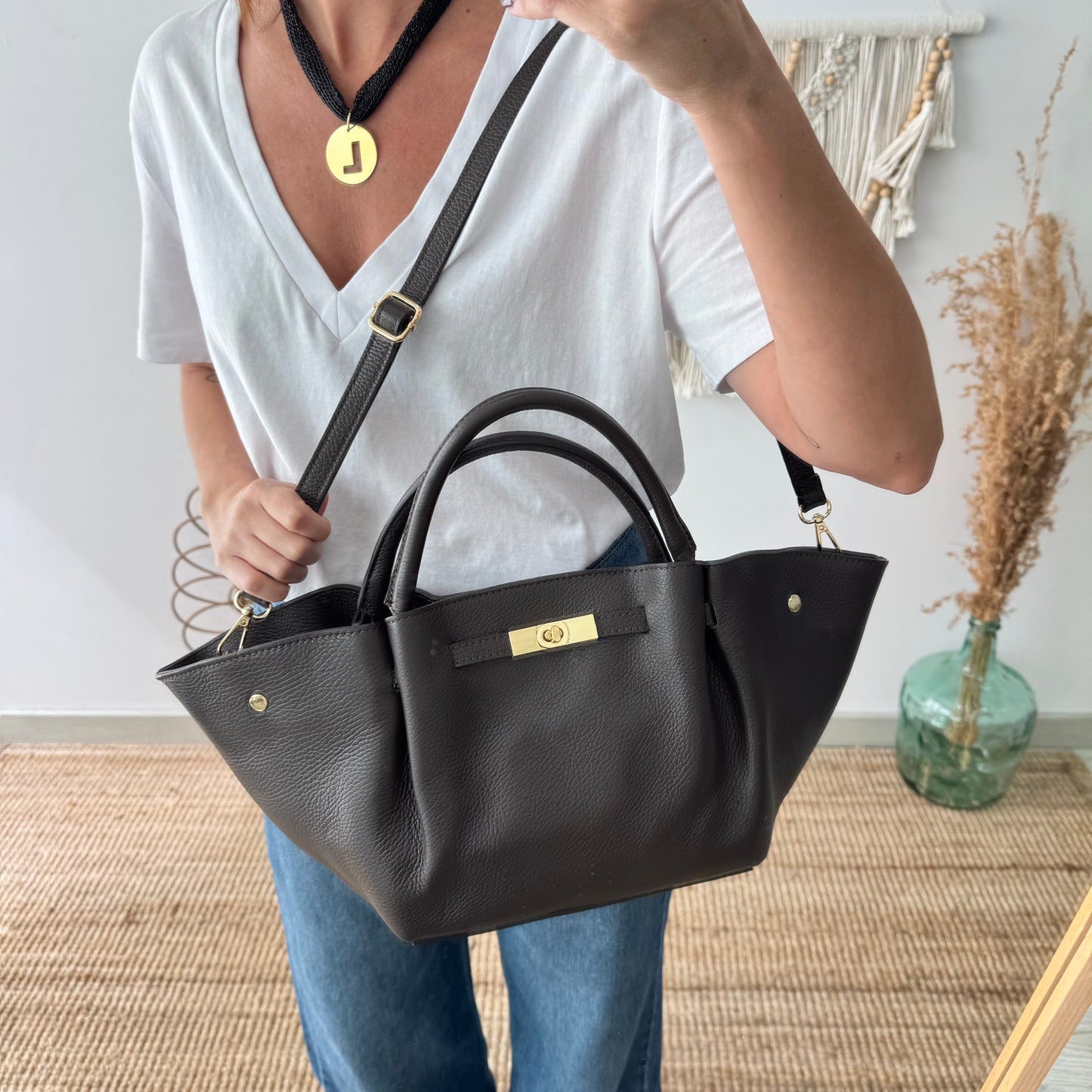 Bolso tote cierre piel marrón