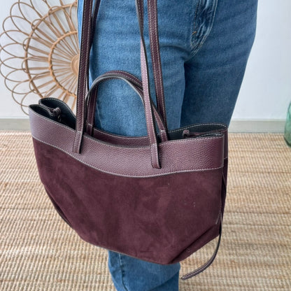 Bolso tote piel y serraje granate