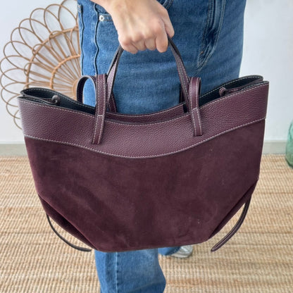 Bolso tote piel y serraje granate