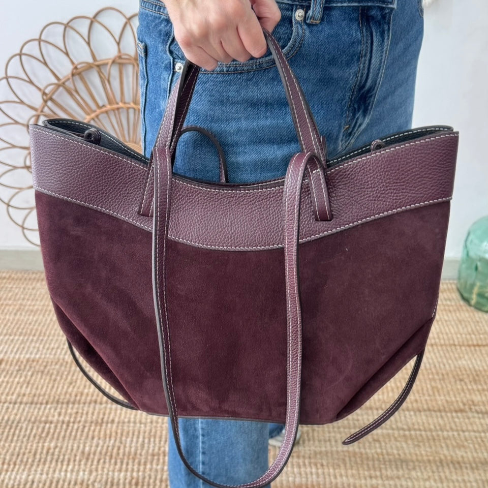 Bolso tote piel y serraje granate