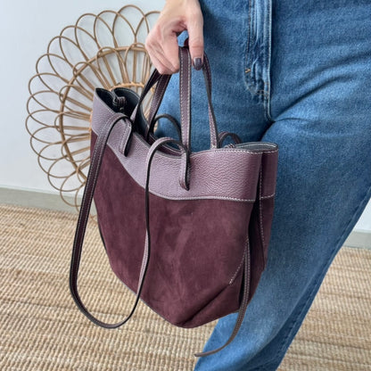 Bolso tote piel y serraje granate