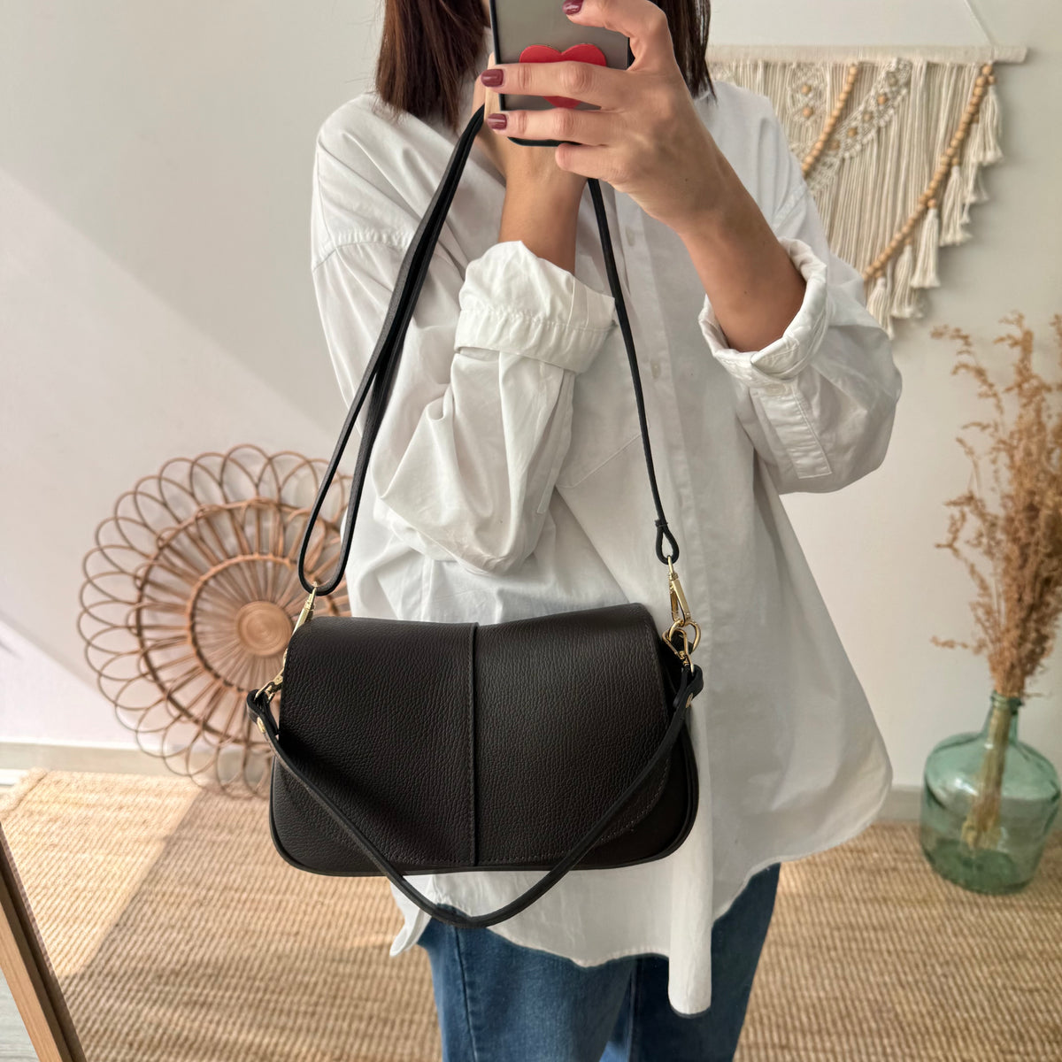 Bolso Bandolera de Piel con Solapa marrón chocolate