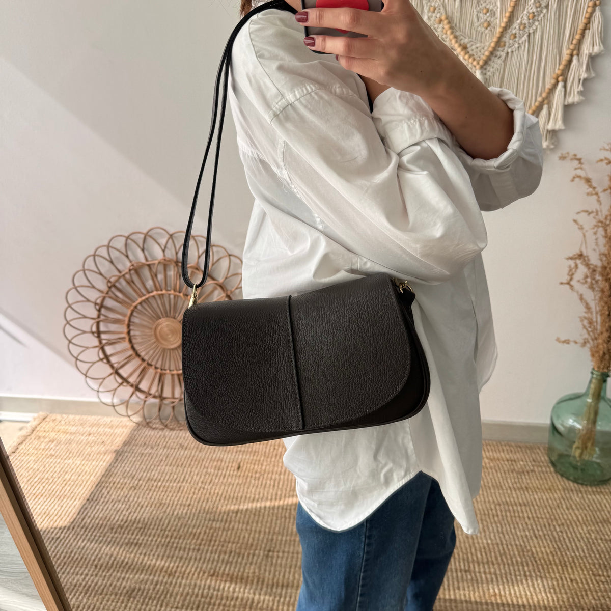 Bolso Bandolera de Piel con Solapa marrón chocolate