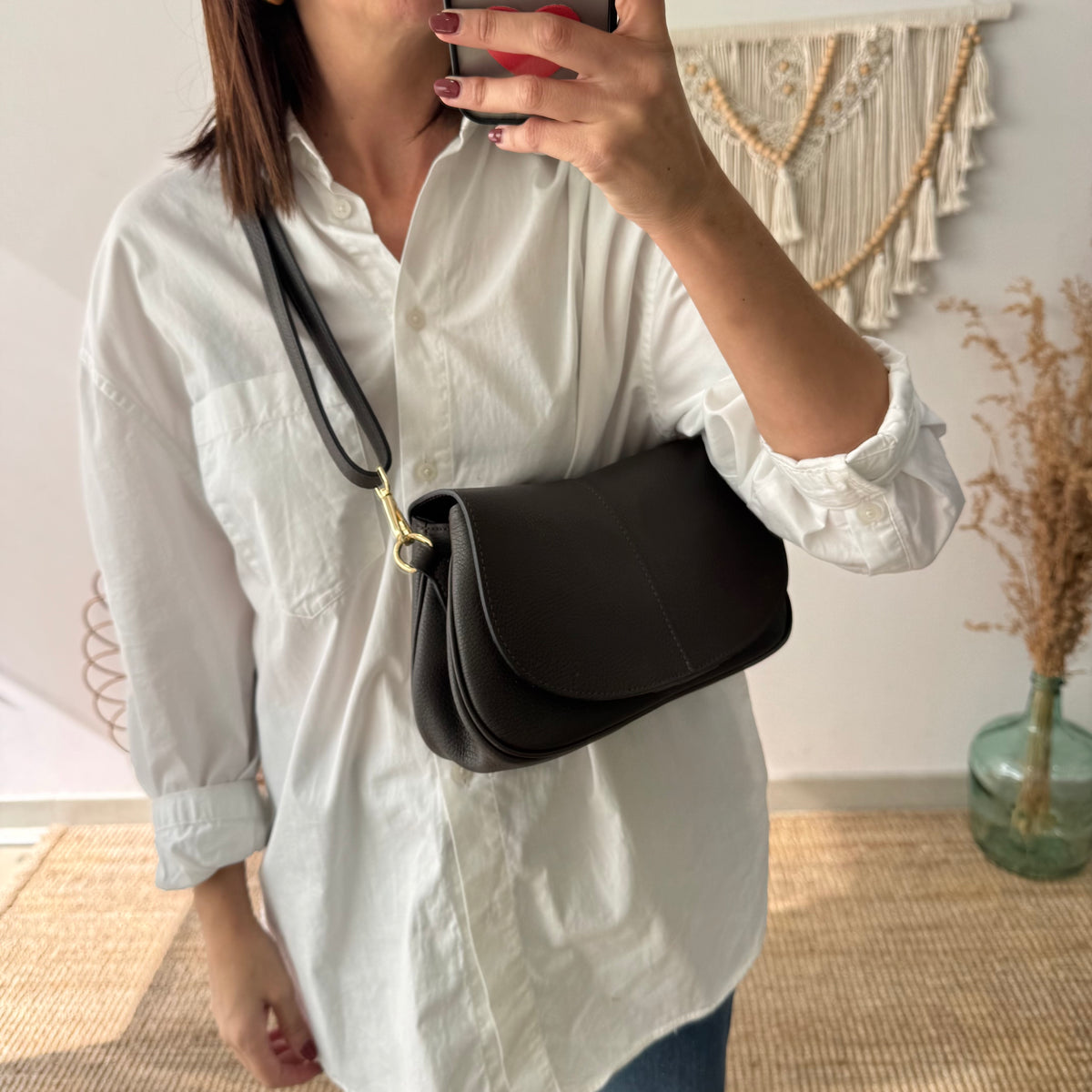 Bolso Bandolera de Piel con Solapa marrón chocolate