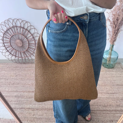 Bolso hobo combinado piel y rafia marrón claro