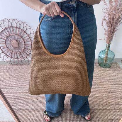 Bolso hobo combinado piel y rafia marrón claro