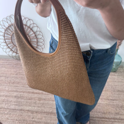 Bolso hobo combinado piel y rafia marrón claro