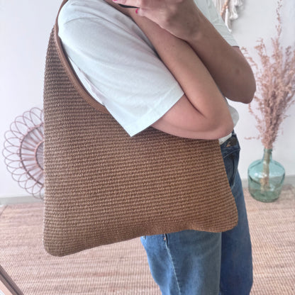 Bolso hobo combinado piel y rafia marrón claro