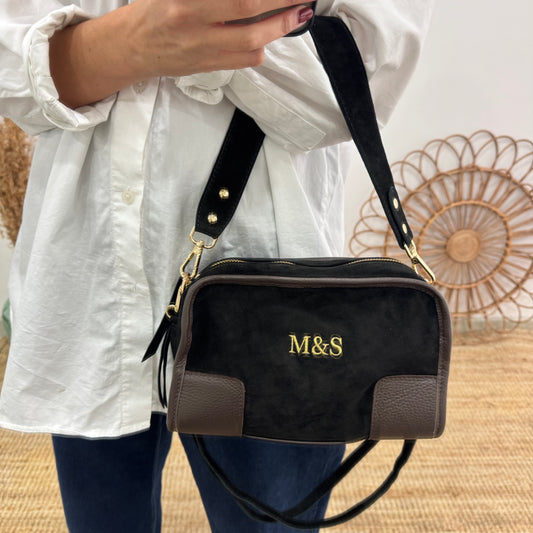 Bolso baúl serraje negro y piel marrón