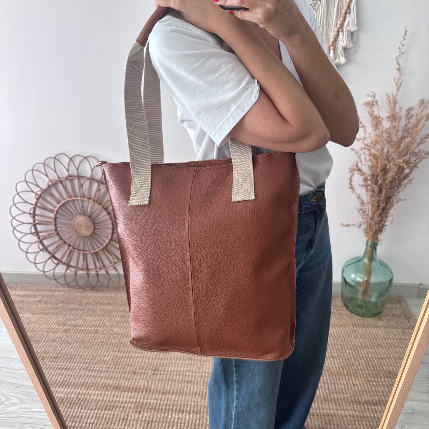 Bolso tote camel piel combinado asas