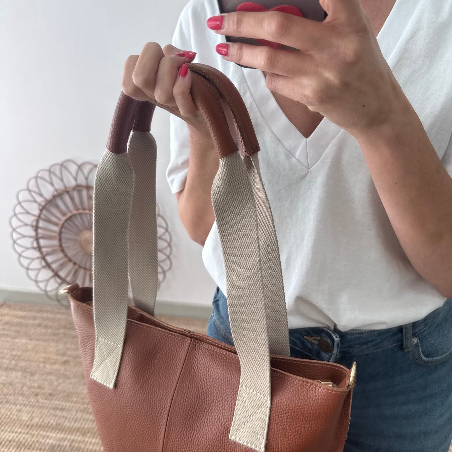Bolso tote camel piel combinado asas