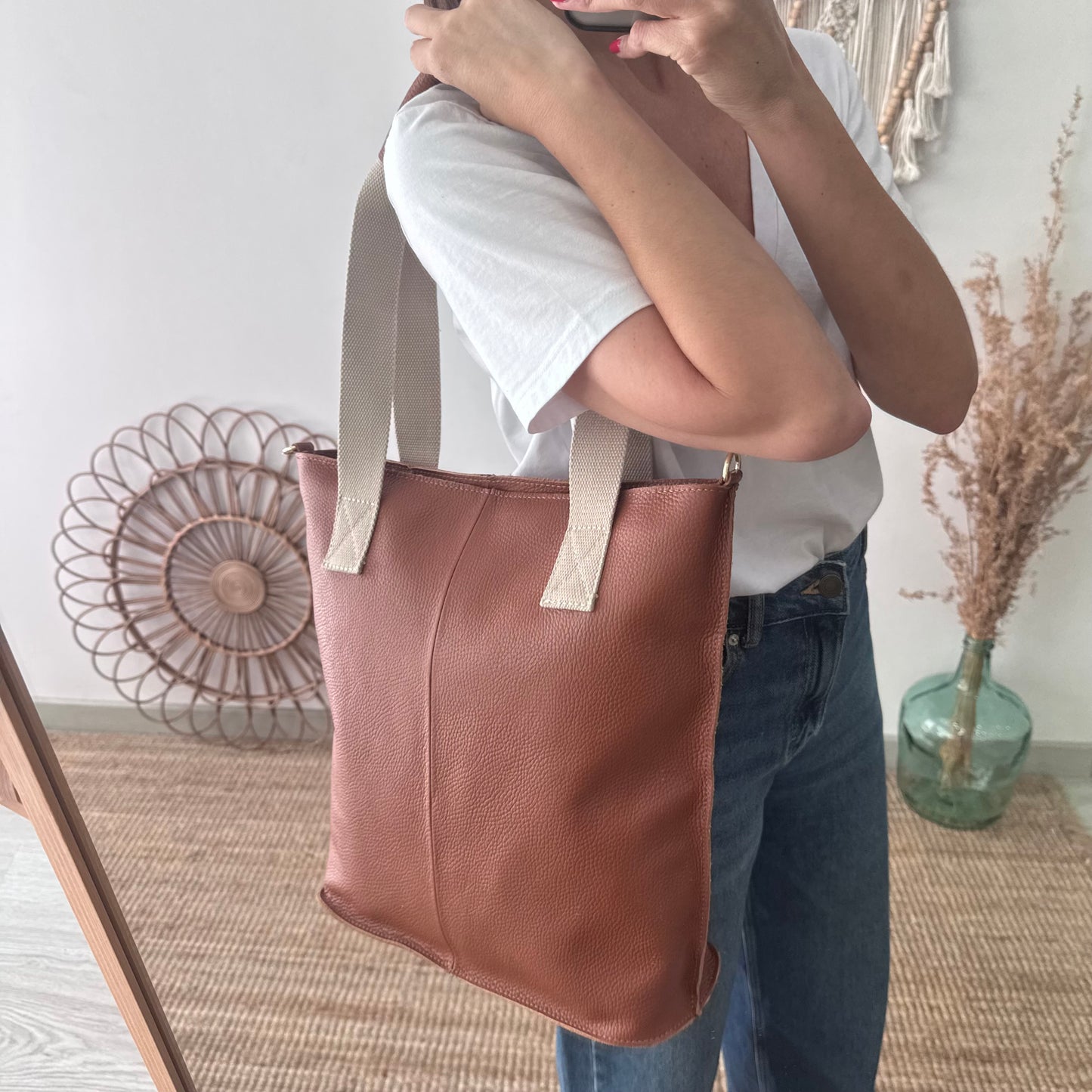 Bolso tote camel piel combinado asas