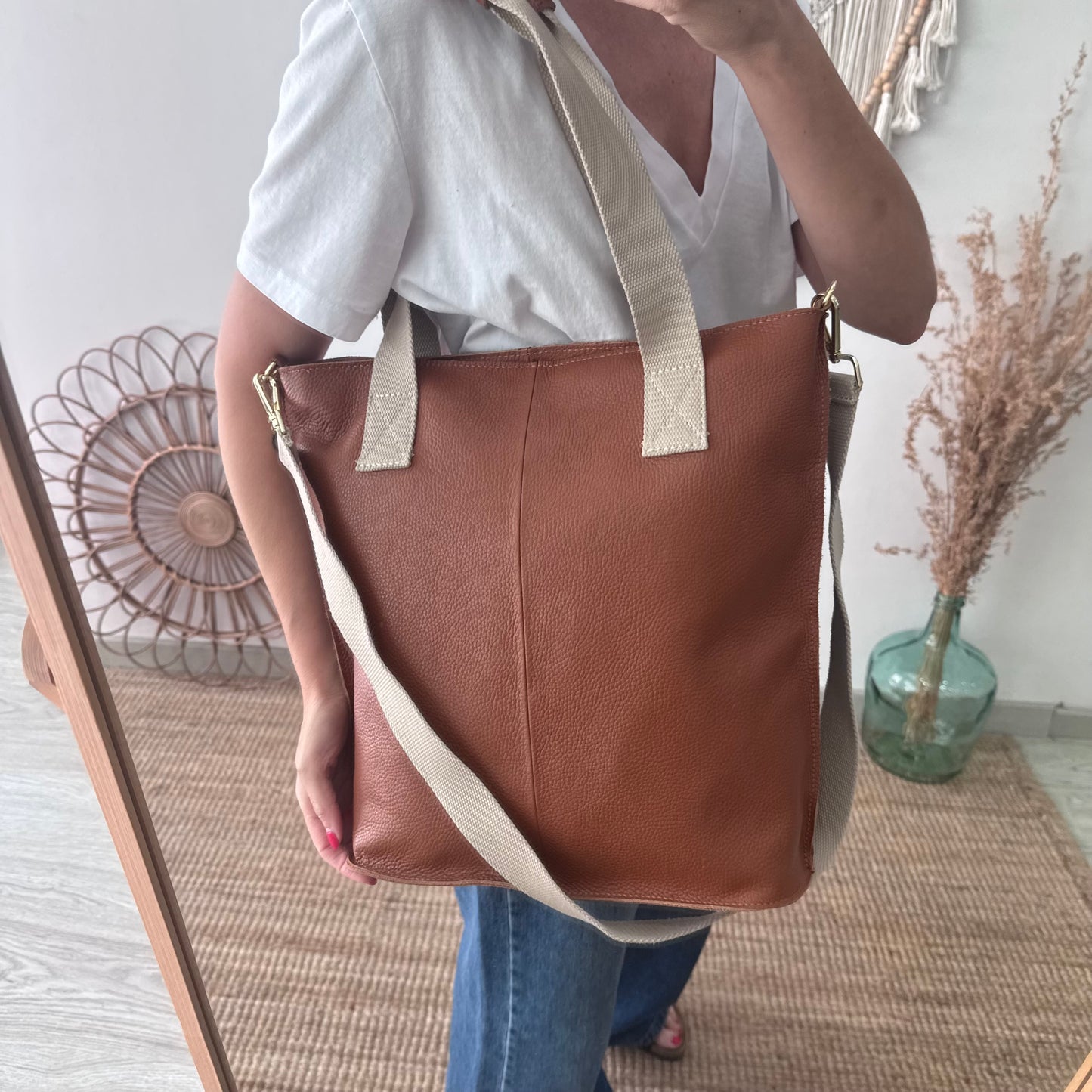 Bolso tote camel piel combinado asas