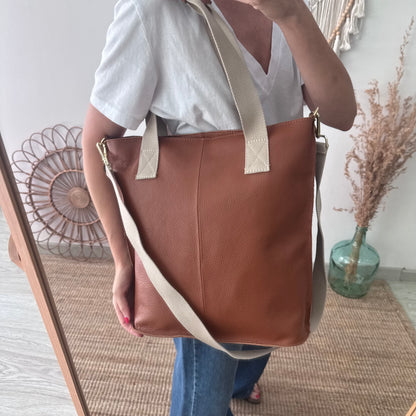 Bolso tote camel piel combinado asas