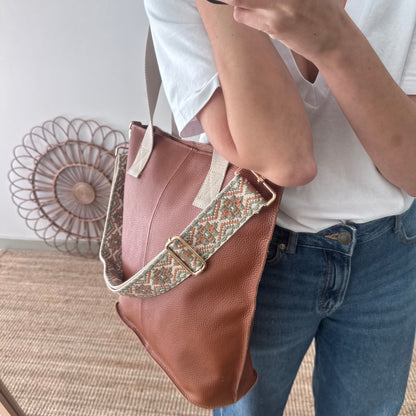 Bolso tote camel piel combinado asas
