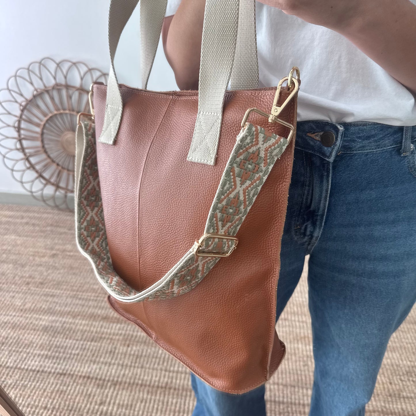 Bolso tote camel piel combinado asas