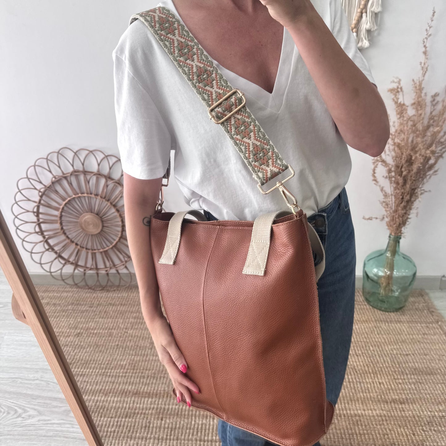 Bolso tote camel piel combinado asas