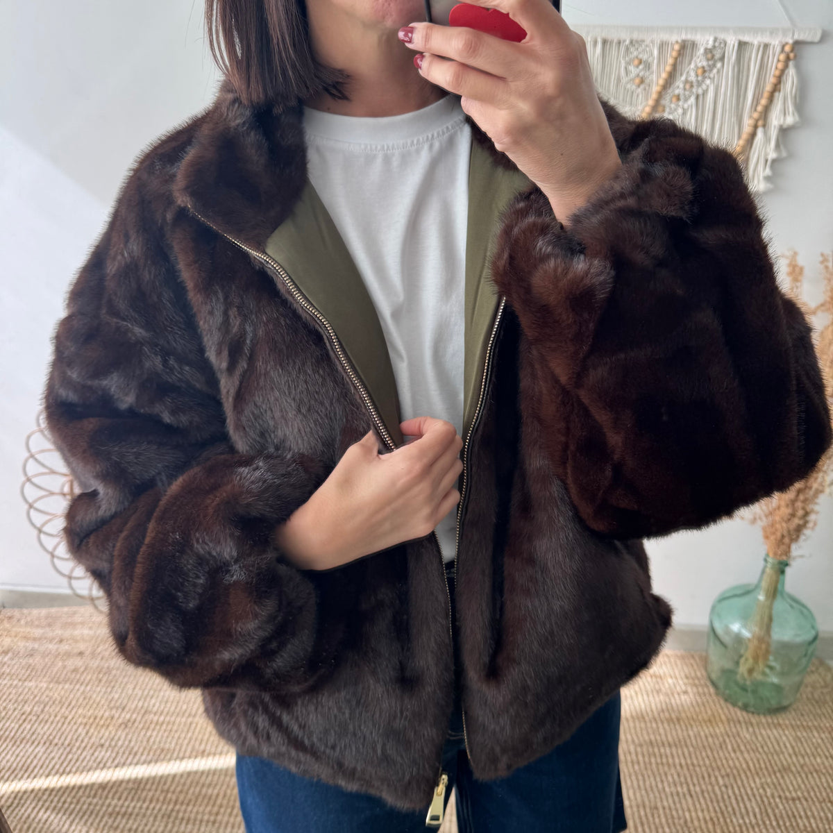 Chaqueta reversible caqui efecto pelo