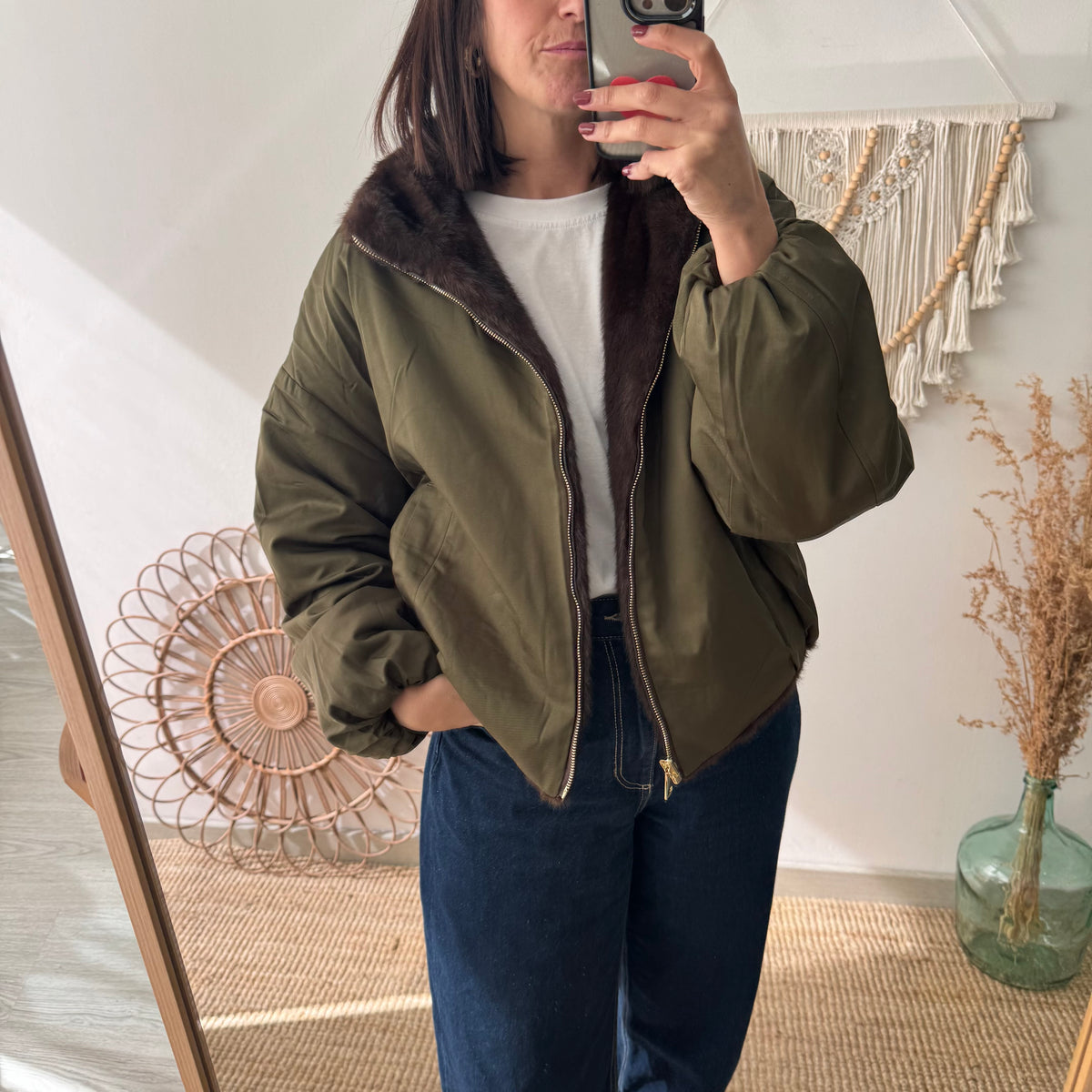 Chaqueta reversible caqui efecto pelo