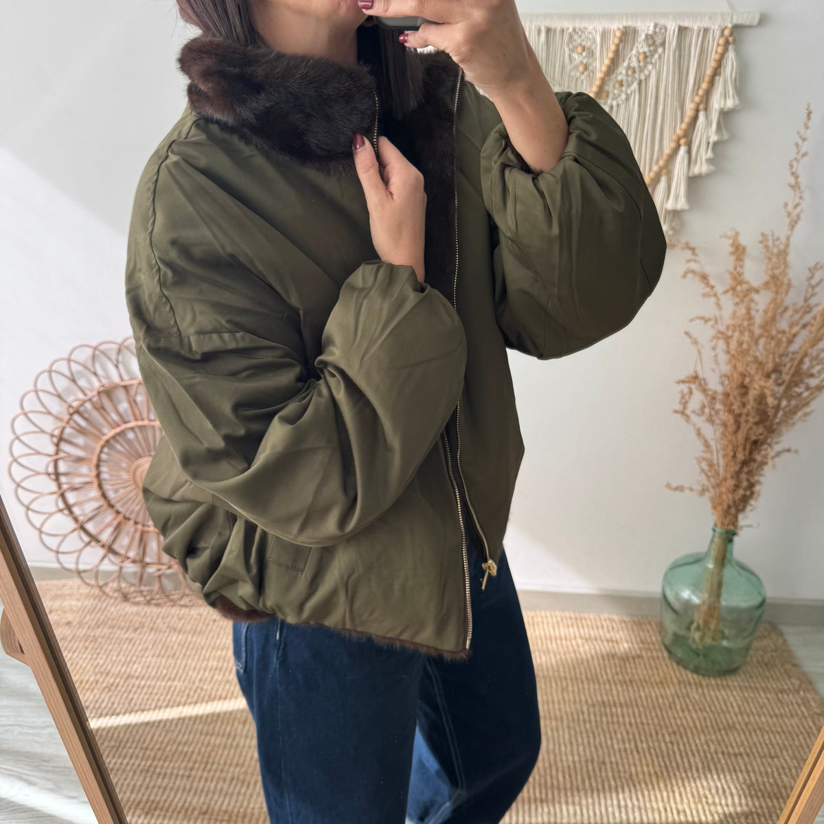 Chaqueta reversible caqui efecto pelo