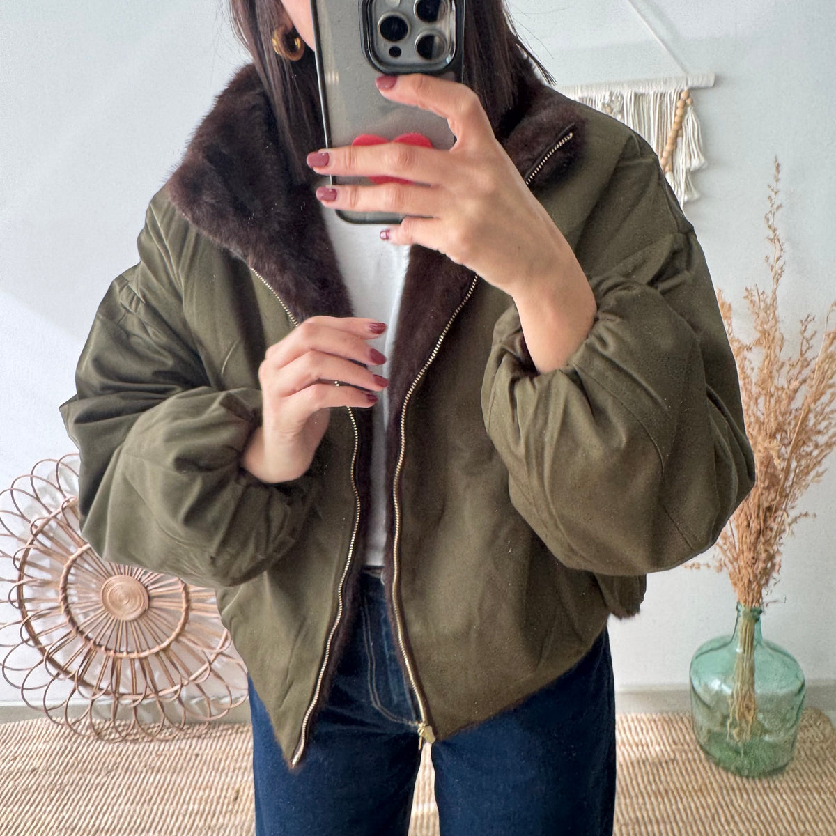 Chaqueta reversible caqui efecto pelo