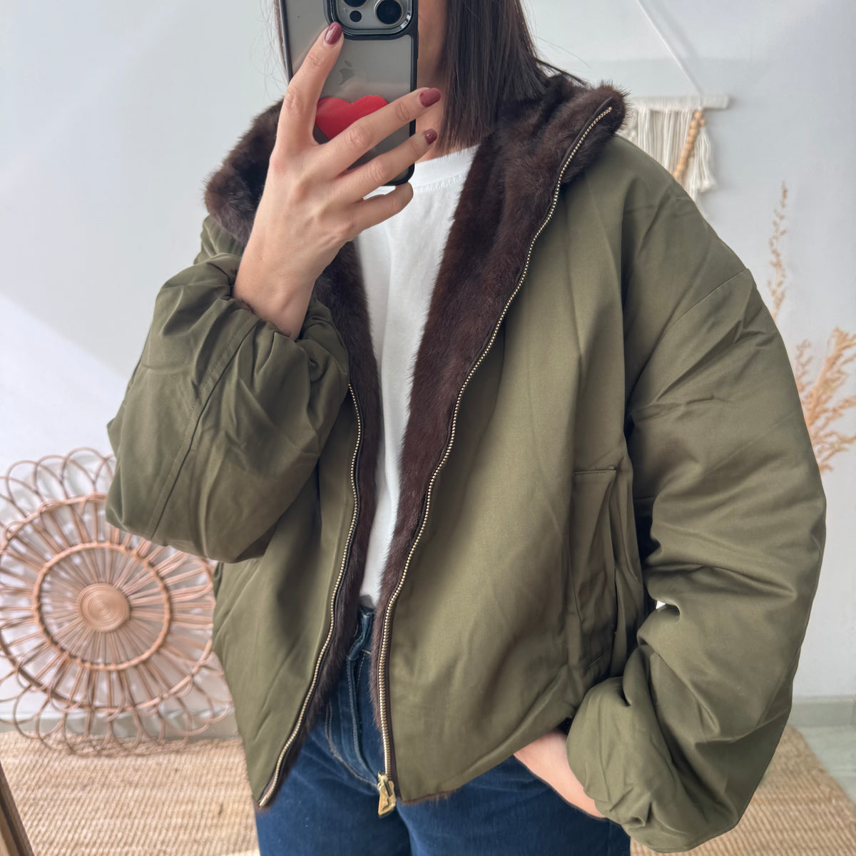 Chaqueta reversible caqui efecto pelo