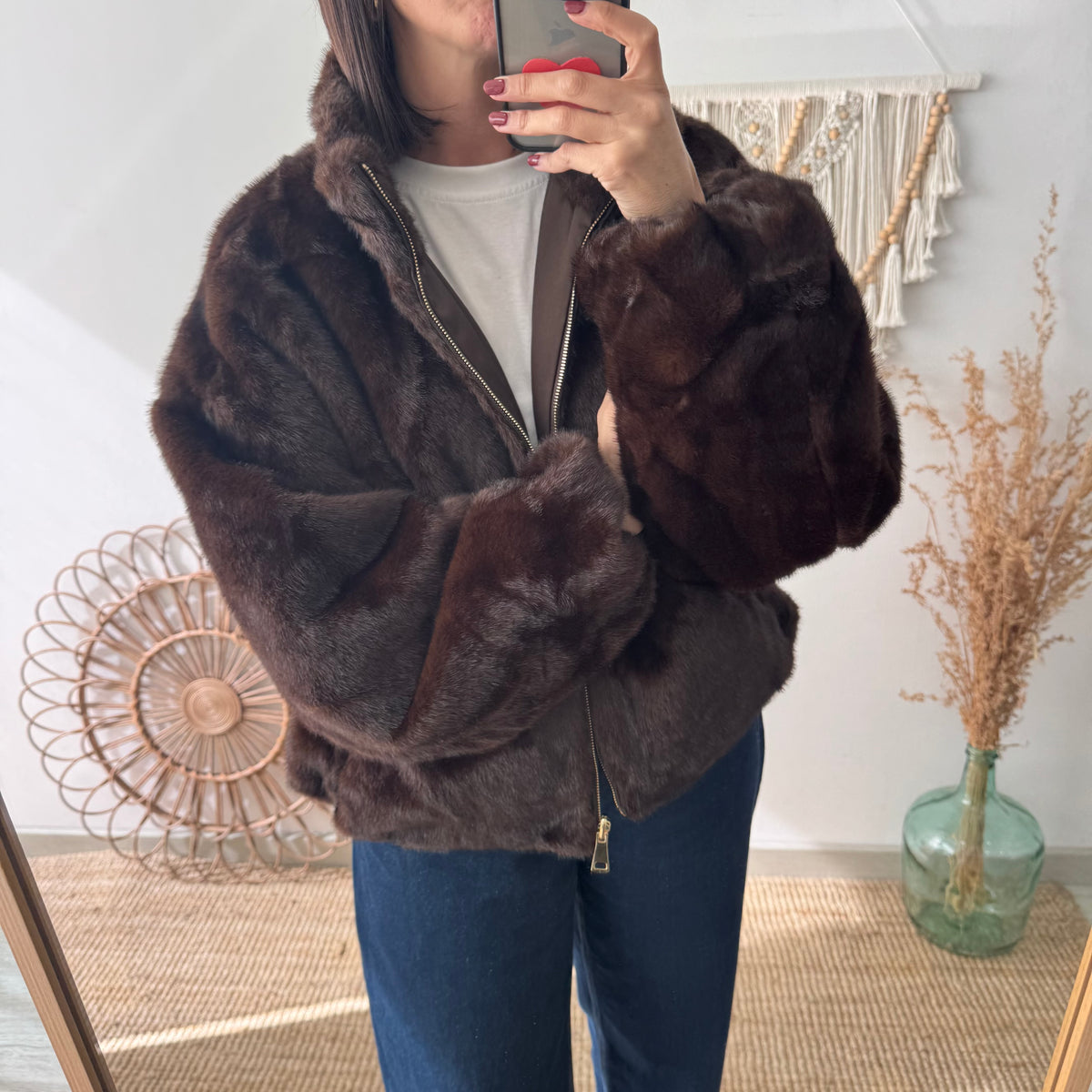 Chaqueta reversible marrón efecto pelo