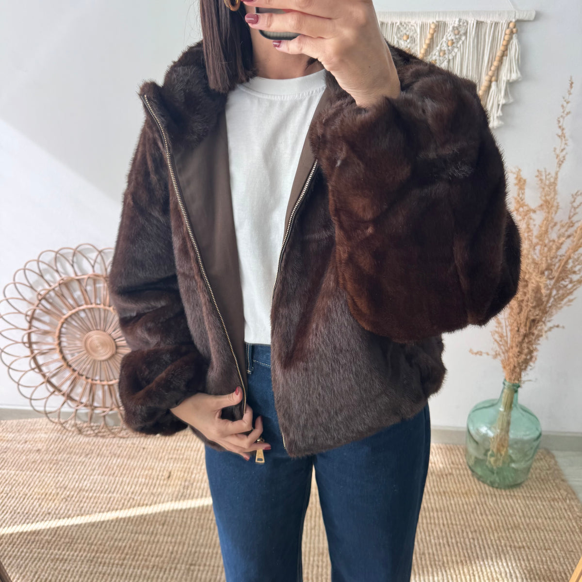 Chaqueta reversible marrón efecto pelo